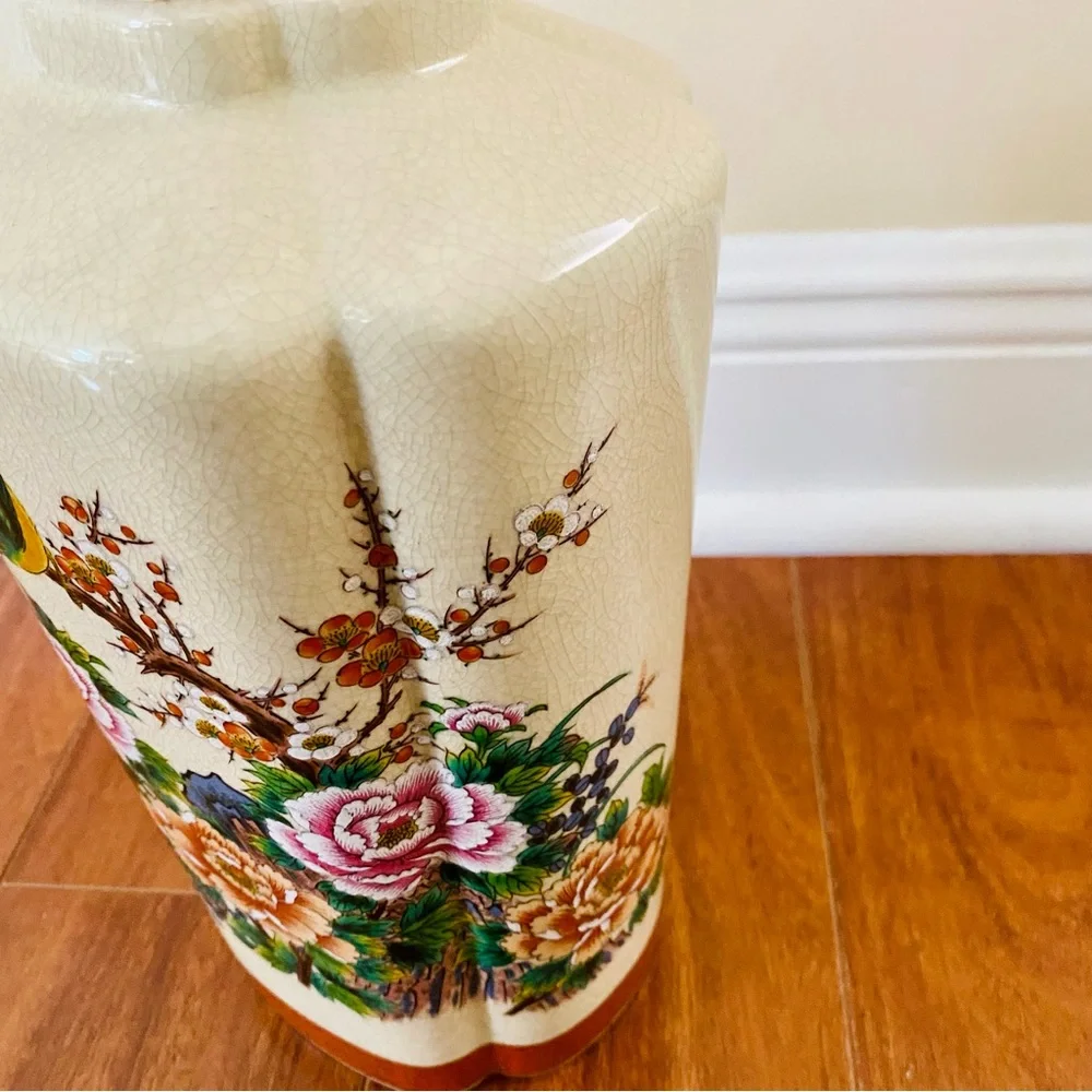 Vtg Kutani Japanese Vase with Avian Sakura Cherry Blossom Peonies Crackle Glaze